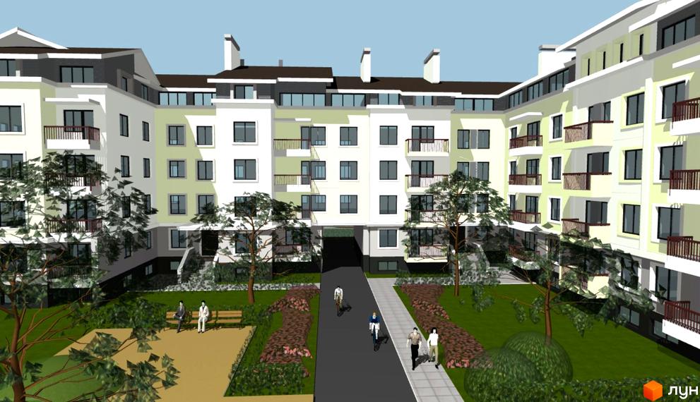 Зображення сторінки житлового комплексу Зелена оаза. Багатоквартирний будинок з балконами, озелененням та пішохідними доріжками на прибудинковій території.