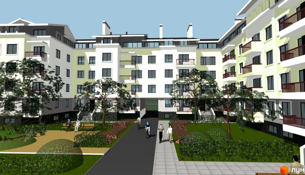 Зображення сторінки Будівельний проєкт Зелена оаза. Багатоповерховий будинок з балконами та великою прибудинковою територією з деревами та газонами.