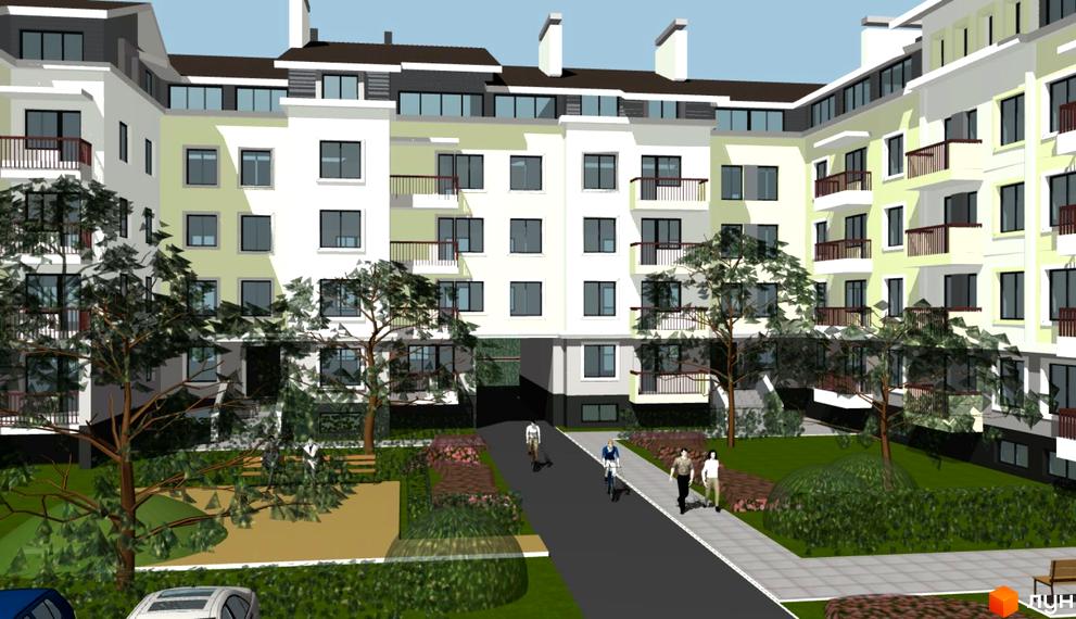 Житловий комплекс Зелена оаза з багатоповерховими будинками світлих відтінків та балконами. На внутрішньому дворі багато зелені, дерев та пішохідні доріжки.