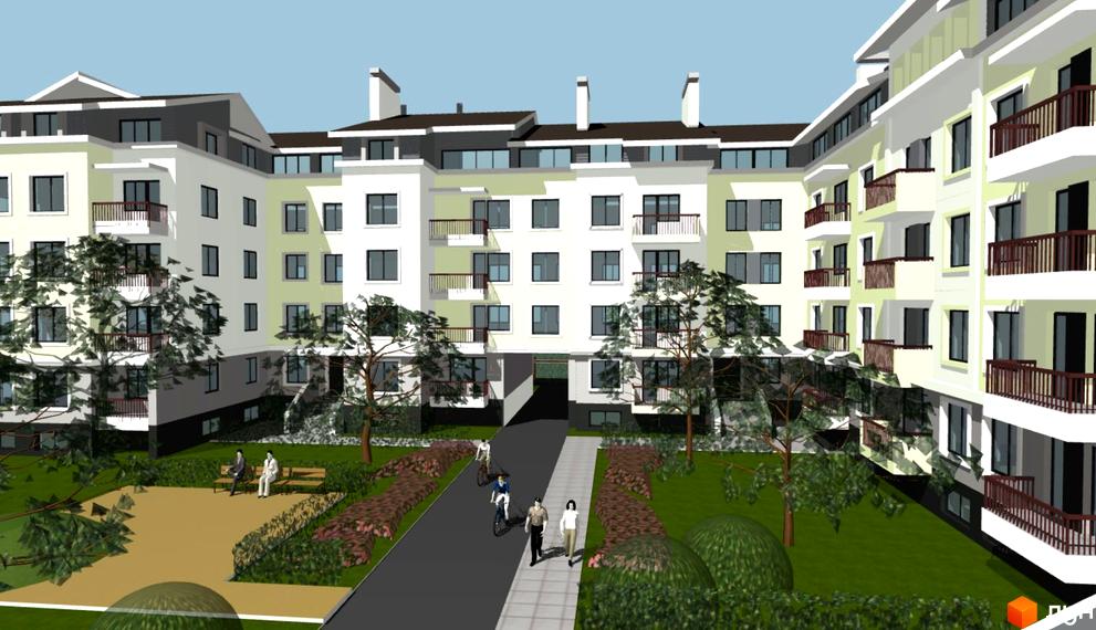 Житловий комплекс Зелена оаза: багатоповерховий будинок світлих відтінків з балконами та внутрішнім двором, облаштованим зеленню та доріжками.