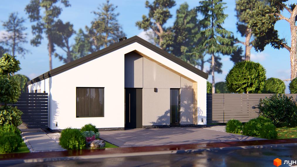 Одноповерховий будинок Котеджного містечка Chaletville з білим фасадом, темним дахом та сірою центральною частиною. Прибудинкова територія з доріжками, кущами та огорожею.