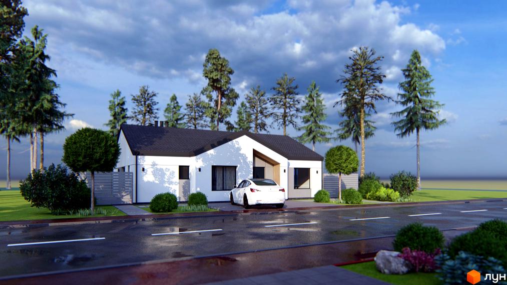 Білий одноповерховий будинок з темним дахом та панорамними вікнами Котеджного містечка Chaletville. На прибудинковій території зелений газон, дерева та асфальтована дорога.