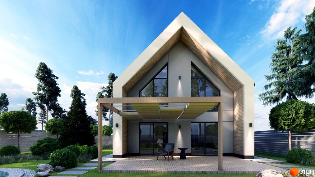 Котеджне містечко Chaletville: Будинок зі світлим фасадом, А-подібним дахом та великими вікнами. Перед будинком зелений газон і дерева.