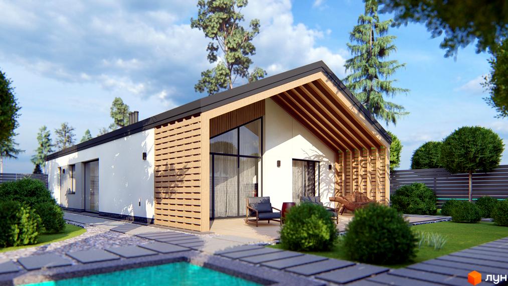 Котеджне містечко Chaletville: одноповерховий будинок з білим фасадом, дерев'яними ламелями та великими вікнами. На території є зелений газон, кущі та басейн.