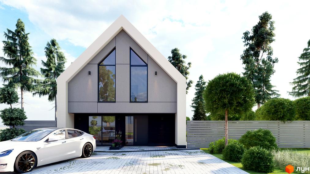 Котеджне містечко КМ Chaletville: двоповерховий будинок з великими вікнами та прибудинковою територією з деревами та парканом. Білий електромобіль припаркований біля будинку.