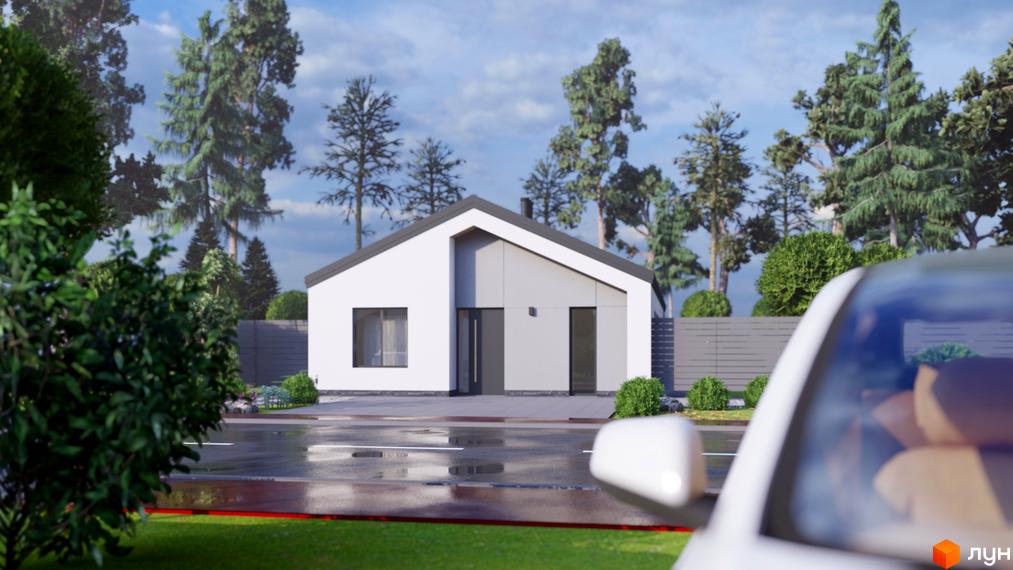 Одноповерховий будинок Котеджного містечка Chaletville з білим та сірим фасадом і темним дахом. Навколо будинку зелена територія з деревами та мокрою дорогою.