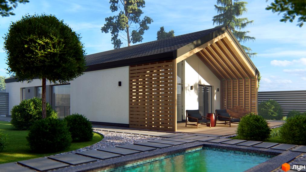 Котеджне містечко Chaletville: Білий будинок з темним дахом, дерев'яними елементами фасаду та критою терасою. Навколо зелений газон, доріжка та басейн.