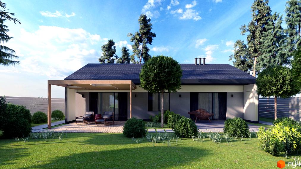 Котеджне містечко КМ Chaletville: одноповерховий будинок з терасою та зеленим газоном. На території розташовані кущі та дерева, а також паркан.