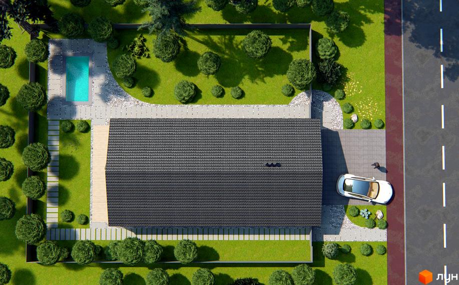 Котеджне містечко Chaletville: вид зверху на будинок з темним дахом, басейном та доглянутою прибудинковою територією.