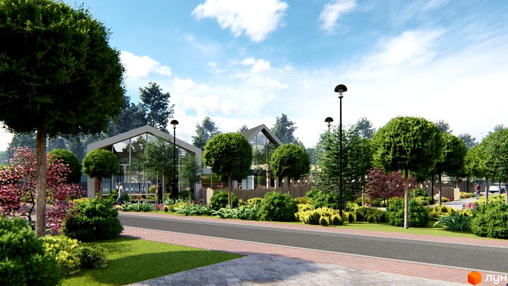 Котеджне містечко КМ Chaletville: будинок з панорамними вікнами та доглянута прибудинкова територія з деревами та кущами.