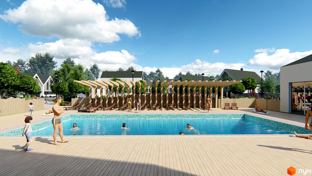 Котеджне містечко Chaletville з басейном та зоною відпочинку. На території комплексу розташовані будинки з терасами та зелені насадження.