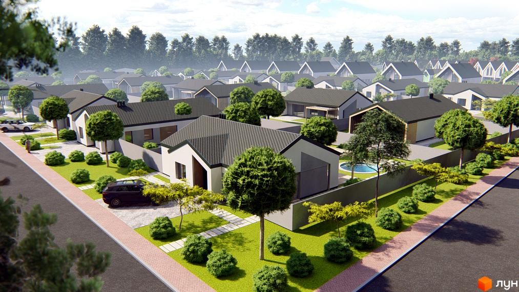 Котеджне містечко Chaletville: одноповерхові будинки зі скатними темними дахами та світлими стінами. Територія озеленена газонами, деревами та кущами.