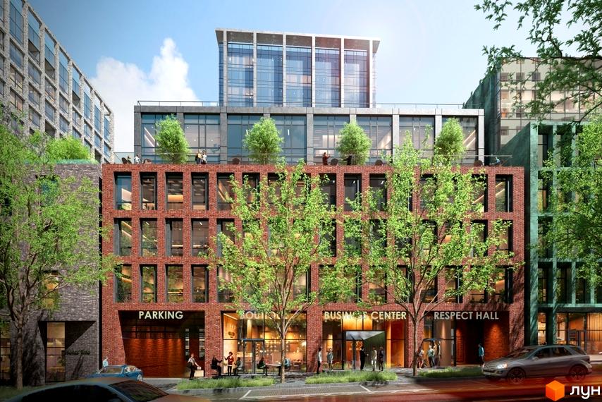 Зовнішній вигляд новобудови RESPECT HALL з цегляним фасадом та великими вікнами, зелені дерева та зони відпочинку на терасі.