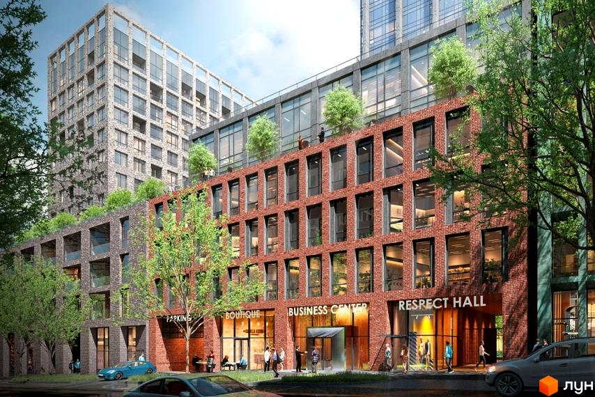 Зовнішній вигляд новобудови ЖК RESPECT HALL з цегляним фасадом та великими вікнами. Навколо будівлі розташовані дерева та зелені насадження.