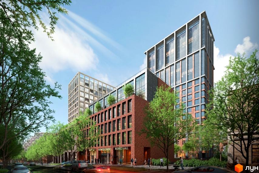 Житловий комплекс RESPECT HALL - це сучасна новобудова з цегляним фасадом та скляними елементами, оточена зеленими деревами та доглянутою прибудинковою територією.