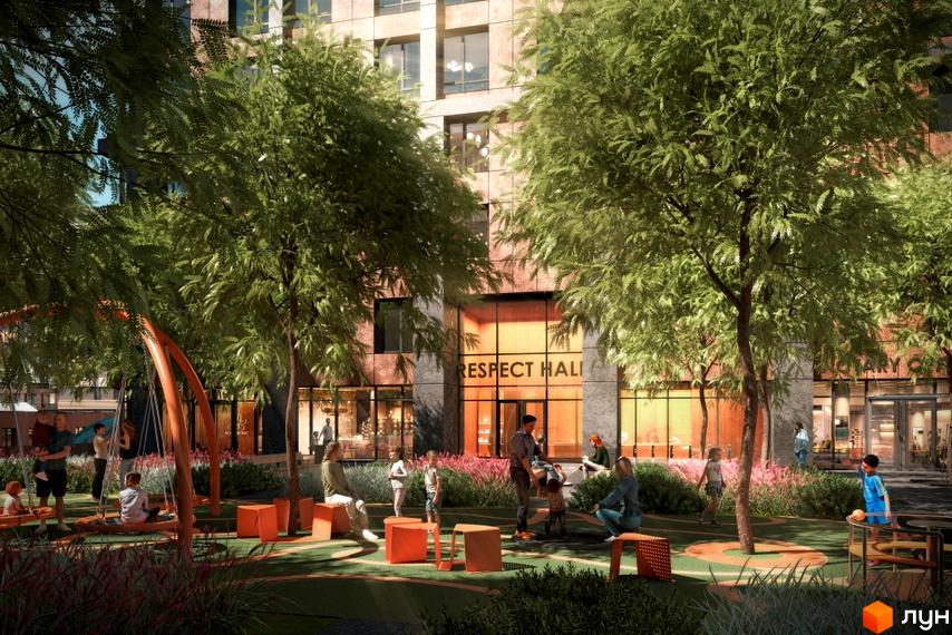Житловий комплекс RESPECT HALL з цегляним фасадом та зеленою прибудинковою територією, дитячим майданчиком та зонами відпочинку.