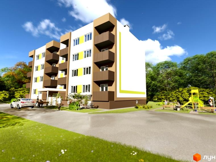 Зовнішній вигляд новобудови на вул. Полтавський Шлях, 61, з дитячим майданчиком та зонами відпочинку.