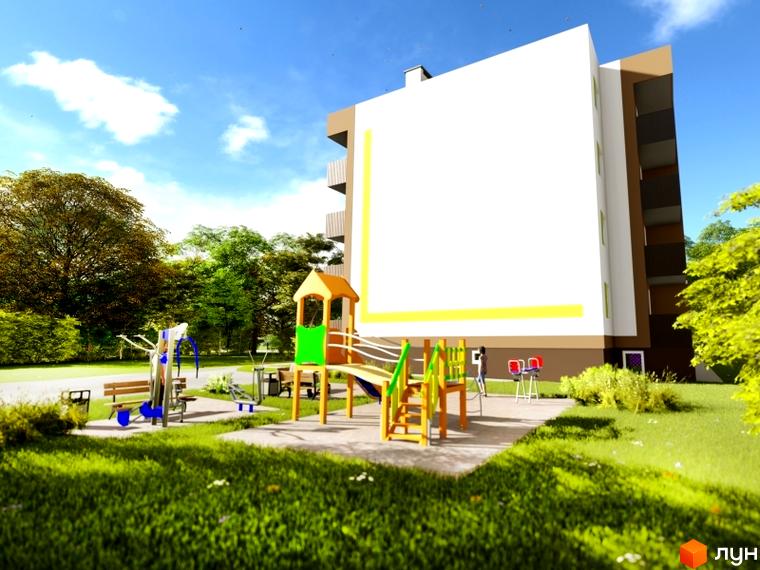 Багатоповерховий будинок білого кольору з коричневими та жовтими елементами. На передньому плані зелений газон, дитячий майданчик та спортивні тренажери.