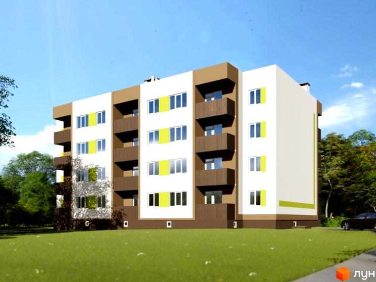 Багатоповерховий будинок білого кольору з коричневими балконами та зеленими акцентами на вікнах. Навколо зелений газон та дерева.