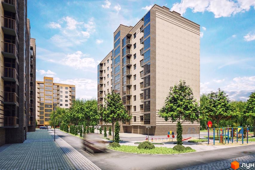 Високий будинок ЖК Прем'єр з великими вікнами та балконами. На прибудинковій території є дитячий майданчик та зелені насадження.