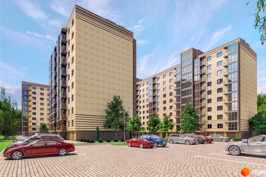 Висотна будівля ЖК Прем'єр з парковкою. Фасад з цегляною кладкою та панорамними вікнами. На території комплексу є зелені насадження та місця для паркування автомобілів.
