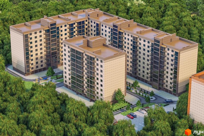 Житловий комплекс Прем'єр. Багатоповерхові будинки з бежевими фасадами та великими вікнами. На території є парковка та зелені насадження.