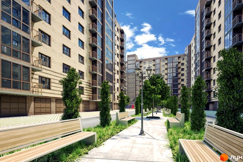 Зображення фасаду та прибудинкової території Житлового комплексу Прем'єр. Вигляд на алею з лавками та багатоповерхові будинки.