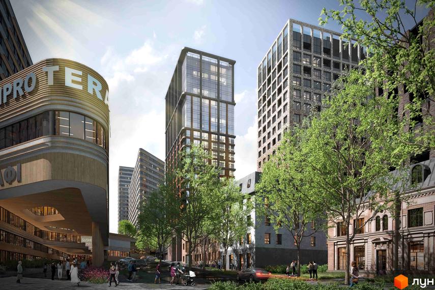 Житловий комплекс RESPECT HALL з фасадами з цегли та великою кількістю скла, оточений деревами та пішохідними зонами.