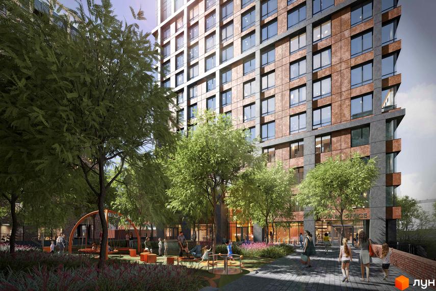 Новобудова RESPECT HALL з фасадом з цегли та скла, що має зелену прибудинкову територію з дитячим майданчиком.