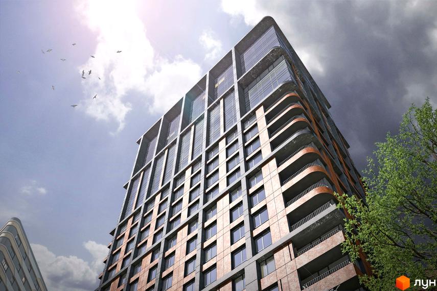 Зовнішній вигляд новобудови ЖК RESPECT HALL з елементами мідного кольору та великими вікнами на тлі хмарного неба. Зелені дерева біля будівлі.