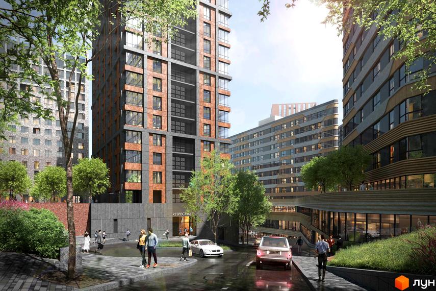 Зовнішній вигляд новобудови RESPECT HALL з цегляними та сірими фасадами, що оточена деревами та зонами відпочинку. Комплекс має багатоповерхові будівлі та прибудинкову територію з пішохідними доріжками та автомобілями.