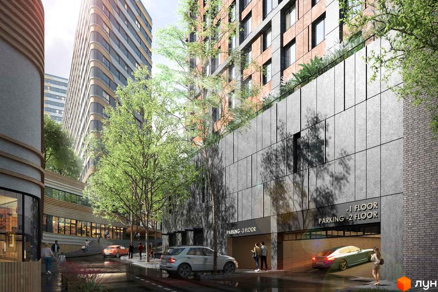 Житловий комплекс RESPECT HALL з фасадами з цегли та бетону, зеленою зоною та паркінгом. Сучасний житловий комплекс з підземним паркінгом та озелененою територією.