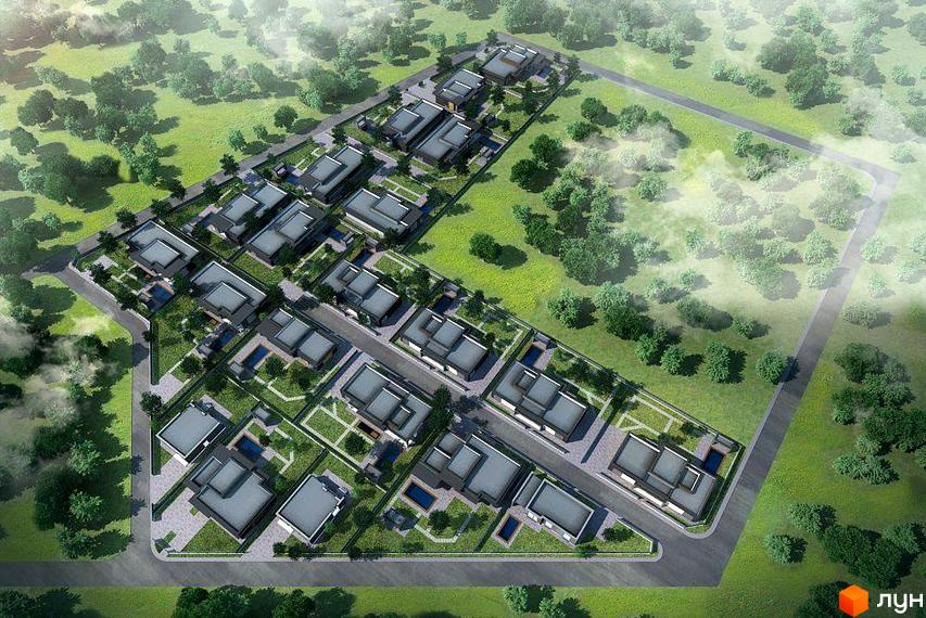 Котеджне містечко Sobi Life: вид зверху на забудову з окремими будинками, прибудинковими ділянками та дорогами. Навколо багато зелені.