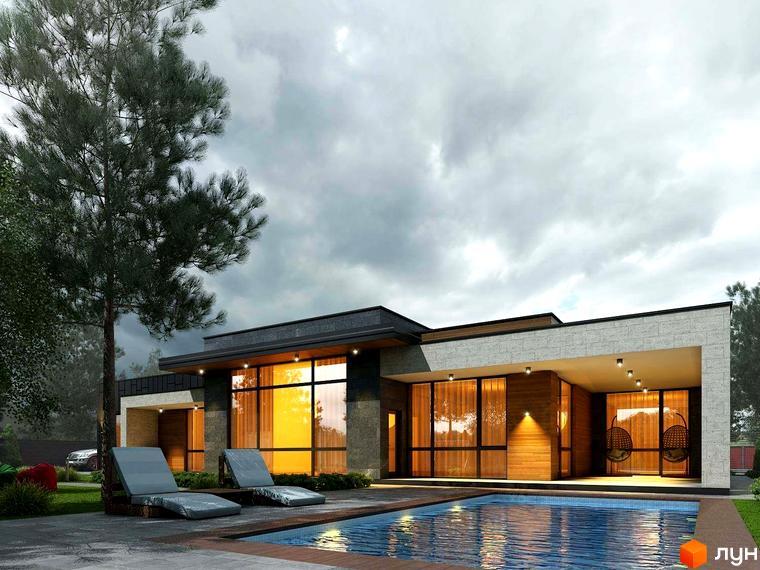 Котеджне містечко Sobi Life з басейном та шезлонгами. Будинок має великі вікна та сучасний дизайн фасаду.