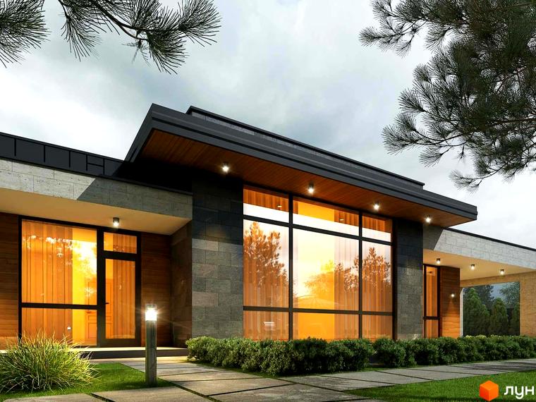 Котеджне містечко Sobi Life. Фасад будинку з великими панорамними вікнами та дерев'яними елементами, доглянута прибудинкова територія з газоном та доріжками.