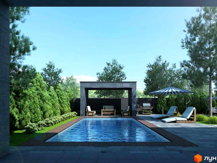 Котеджне містечко Sobi Life з басейном та зоною відпочинку. Зелена прибудинкова територія з деревами та газоном.