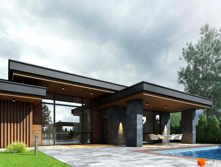 Котеджне містечко КМ Sobi Life: сучасний одноповерховий будинок з великими вікнами та терасою біля басейну. Навколо будинку доглянутий газон та зелені насадження.