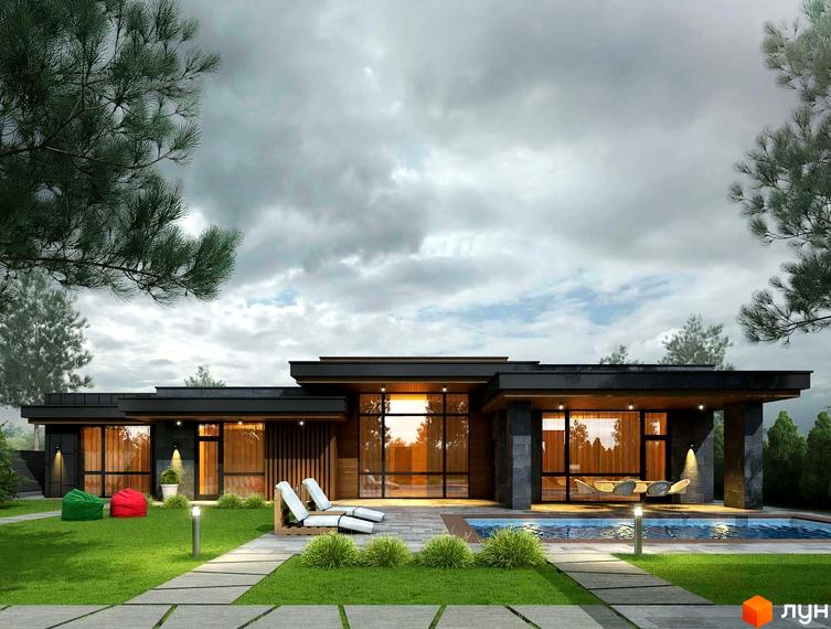 Котеджне містечко Sobi Life: одноповерховий будинок з великими вікнами та басейном. Прибудинкова територія з газоном та лежаками.