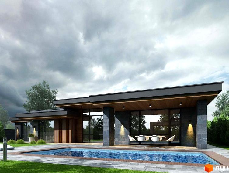 Котеджне містечко КМ Sobi Life з басейном та зоною відпочинку. Сучасний одноповерховий будинок з великими вікнами та дерев'яними елементами.