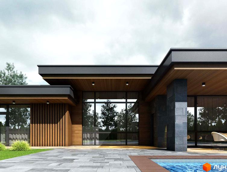 Зовнішній вигляд будинку з великими вікнами та дерев'яними елементами, прибудинкова територія з басейном. Котеджне містечко КМ Sobi Life.