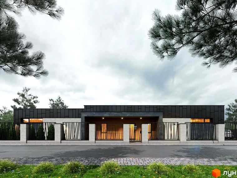 Котеджне містечко КМ Sobi Life: фасад будинку з сірого каменю та чорного металу, огороджена територія з декоративними елементами.