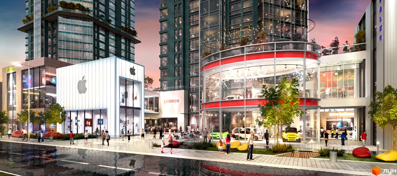 Багатоповерхові будинки житлового комплексу The Resort зі скляними фасадами, на першому поверсі магазини та автосалон. Пішохідна зона з деревами та людьми.