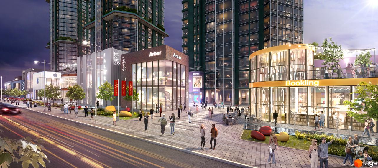 Новобудова The Resort з фасадами з скла та цегли, з великою кількістю вікон та балконів, з прибудинковою територією з зонами для відпочинку та озелененням.