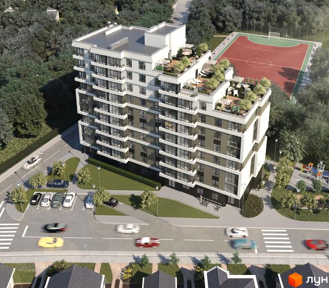 Висотна будівля ЖК Правильний вибір з панорамними вікнами та терасами на даху. На прибудинковій території є парковка, дитячий майданчик та спортивний майданчик.