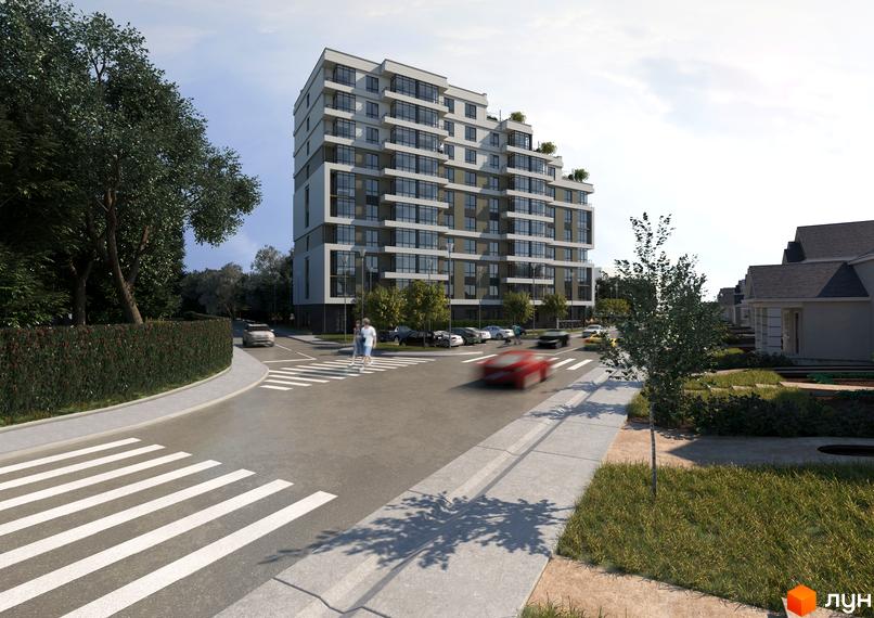 Висотна будівля житлового комплексу Правильний вибір з панорамними вікнами та прибудинковою територією з тротуарами, дорогою та зеленою зоною.