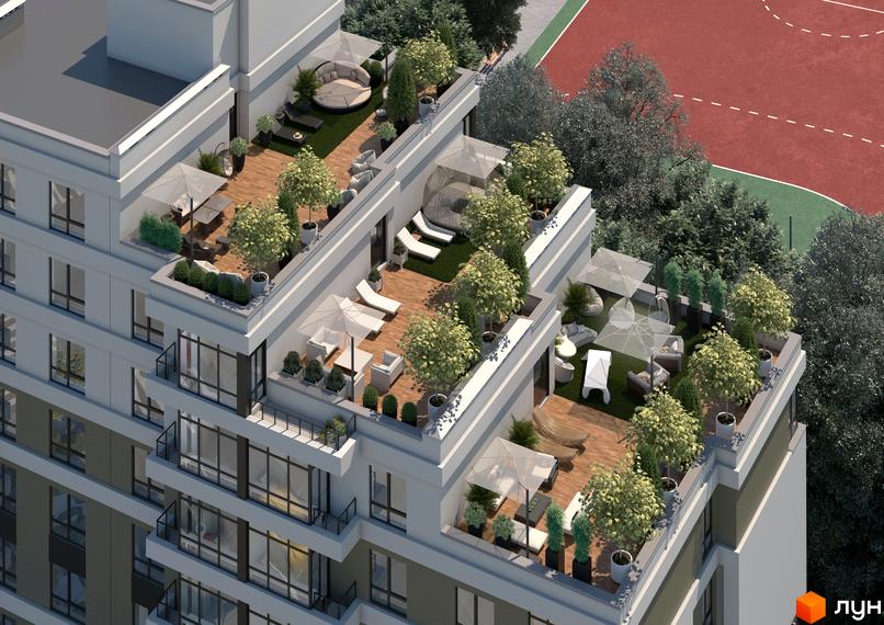 Зображення ЖК Правильний вибір з терасами на даху, озелененням та зоною відпочинку. Вид на житловий комплекс з висоти пташиного польоту.