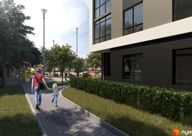Зображення будинку в Житловому комплексі Правильний вибір з дитячим майданчиком та пішохідною зоною.