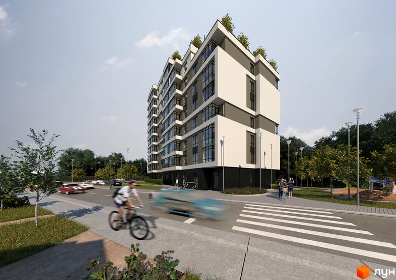 Висотна будівля житлового комплексу Правильний вибір з великими вікнами та балконами. На прибудинковій території є пішохідний перехід, дерева та вуличні ліхтарі.