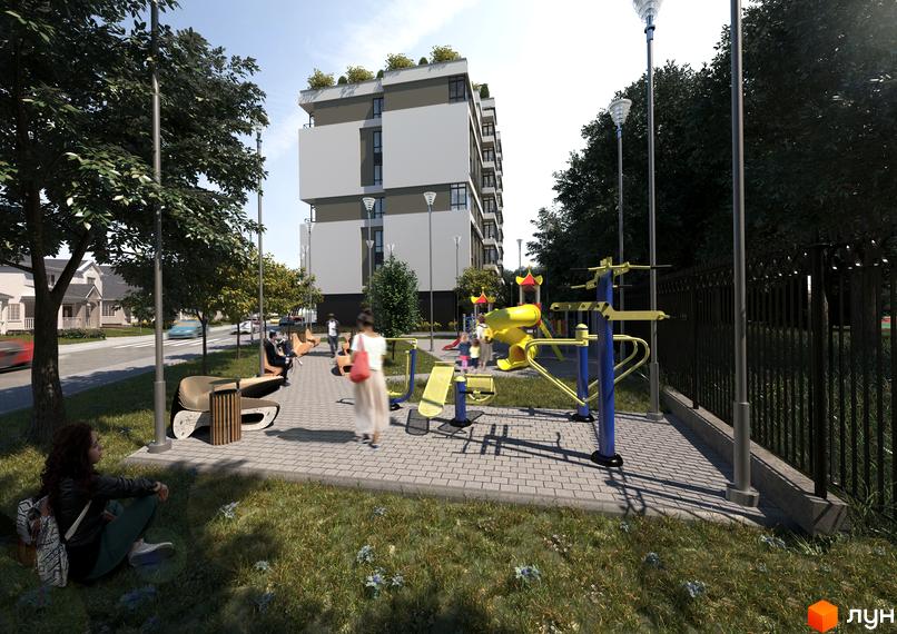 Багатоповерховий будинок ЖК Правильний вибір з білими фасадами та терасами на даху. На прибудинковій території дитячий майданчик та вуличні тренажери.