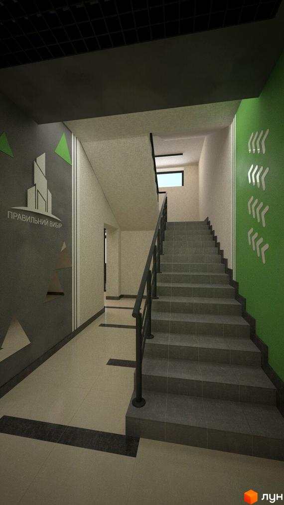 Інтер'єр сходової клітини в Житловому комплексі Правильний вибір. Сходи з сірою плиткою та поручнями.